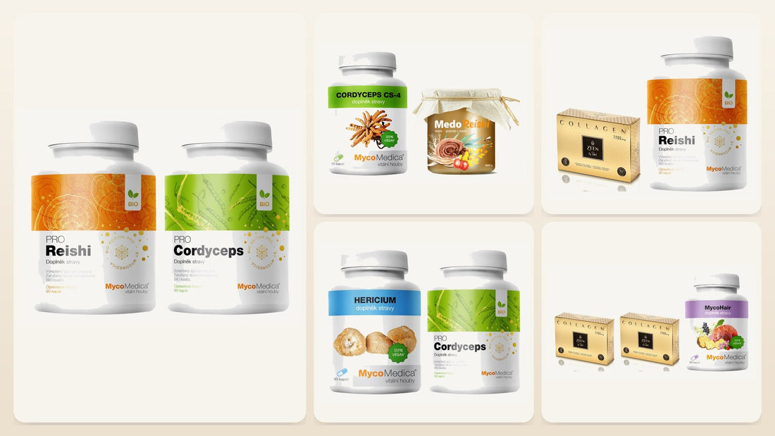 Päť setov GrowMedica: Reishi, Cordyceps, MedoReishi, Hericium, ZEEN Collagen Lemon a MycoHair