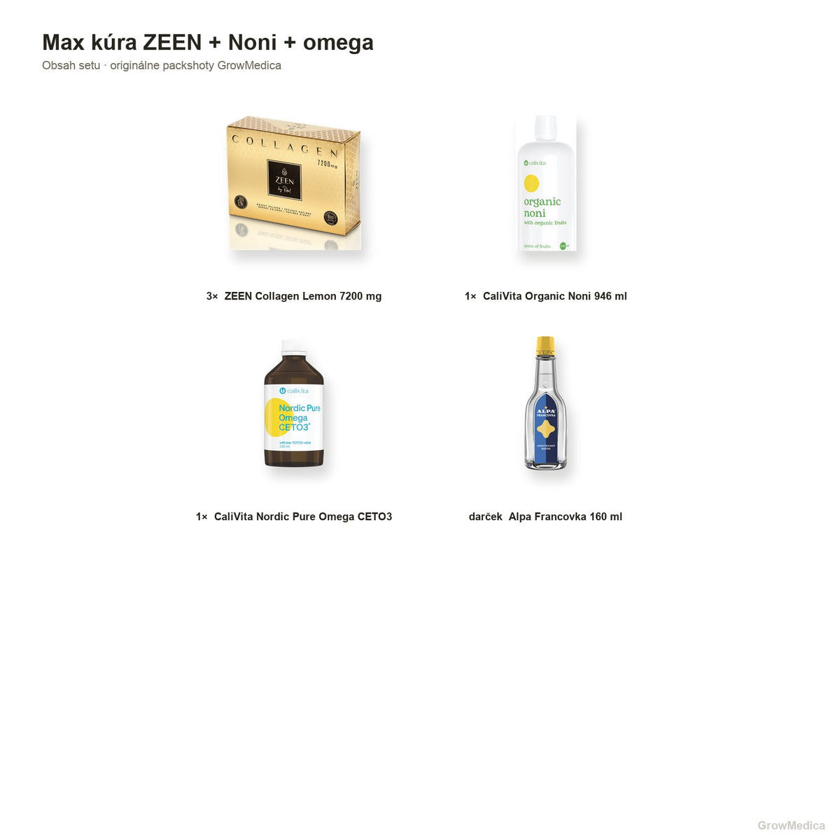 Max kúra — 3× ZEEN Lemon + Noni + omega-3 — obsah — packshoty GrowMedica