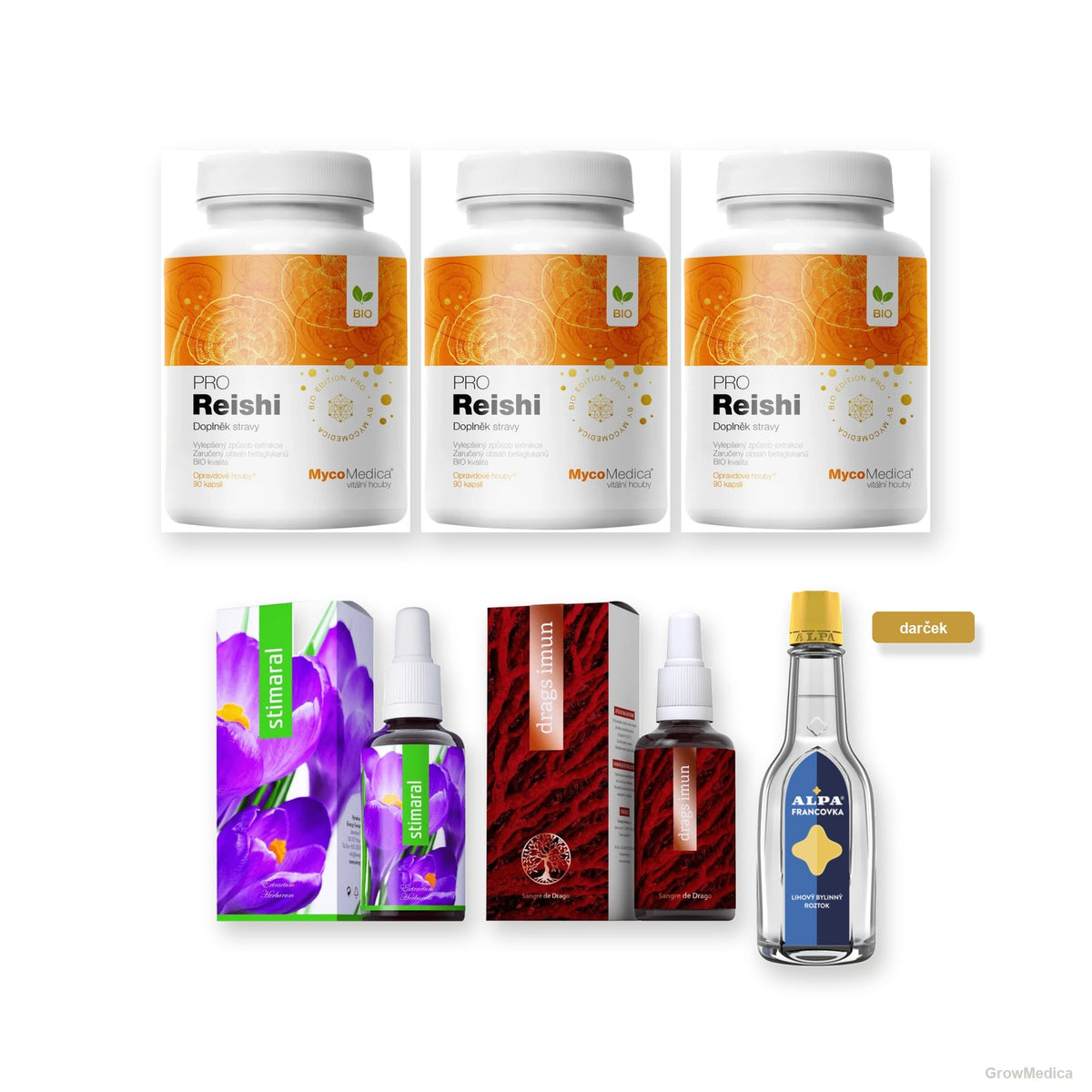 Set Imunita 90 dní — Reishi PRO, Stimaral, Drags Imun a darček Alpa Francovka, fotky produktov GrowMedica