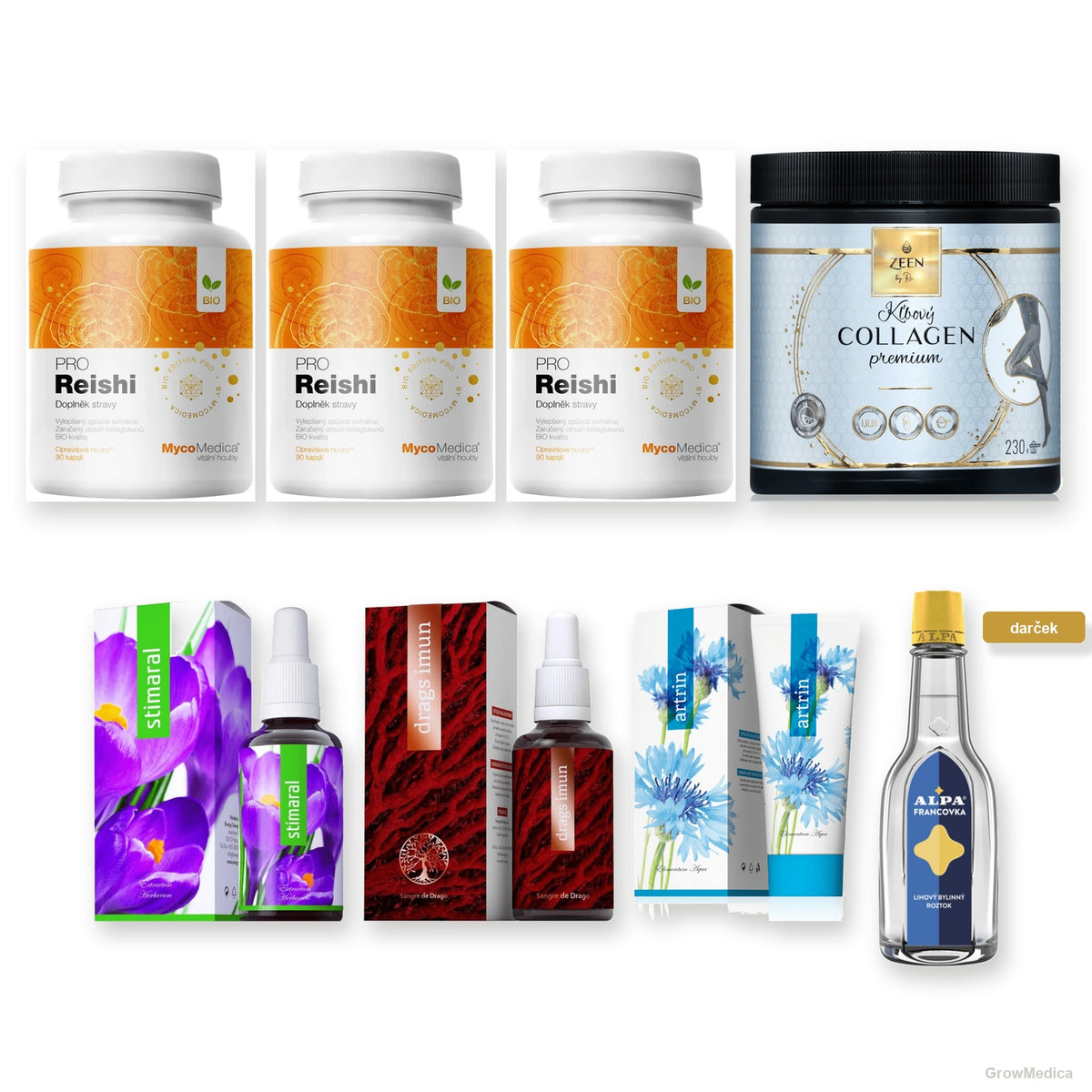 Set Kompletný protokol — Reishi PRO, Zeen, Stimaral, Drags Imun, Artrin a darček Alpa Francovka, fotky produktov GrowMedica