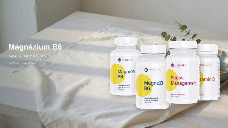 CaliVita MagneZi B6, Stress Management a vitamin D na lněném plátně – banner GrowMedica