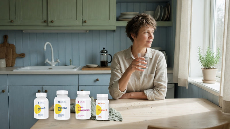 Dospělá žena se sklenicí vody a CaliVita hořčíkem B6, B-komplexem a vitaminem D