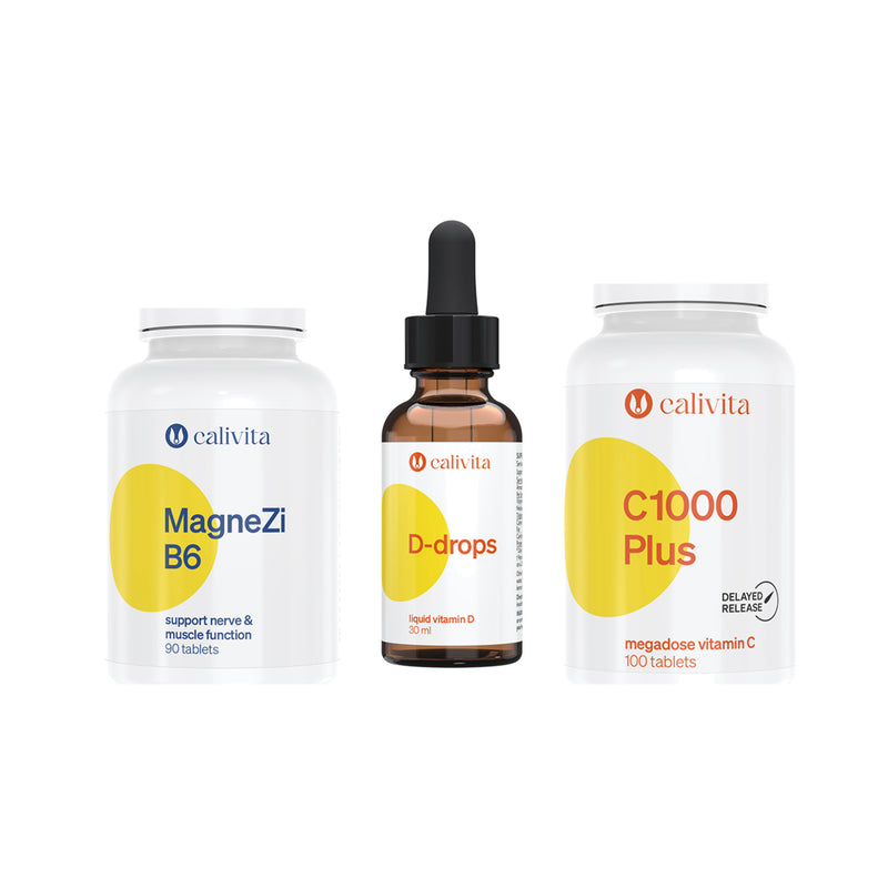Set CaliVita magnézium MagneZi B6, vitamín D3 kvapky D-drops a vitamín C 1000 mg C 1000 Plus